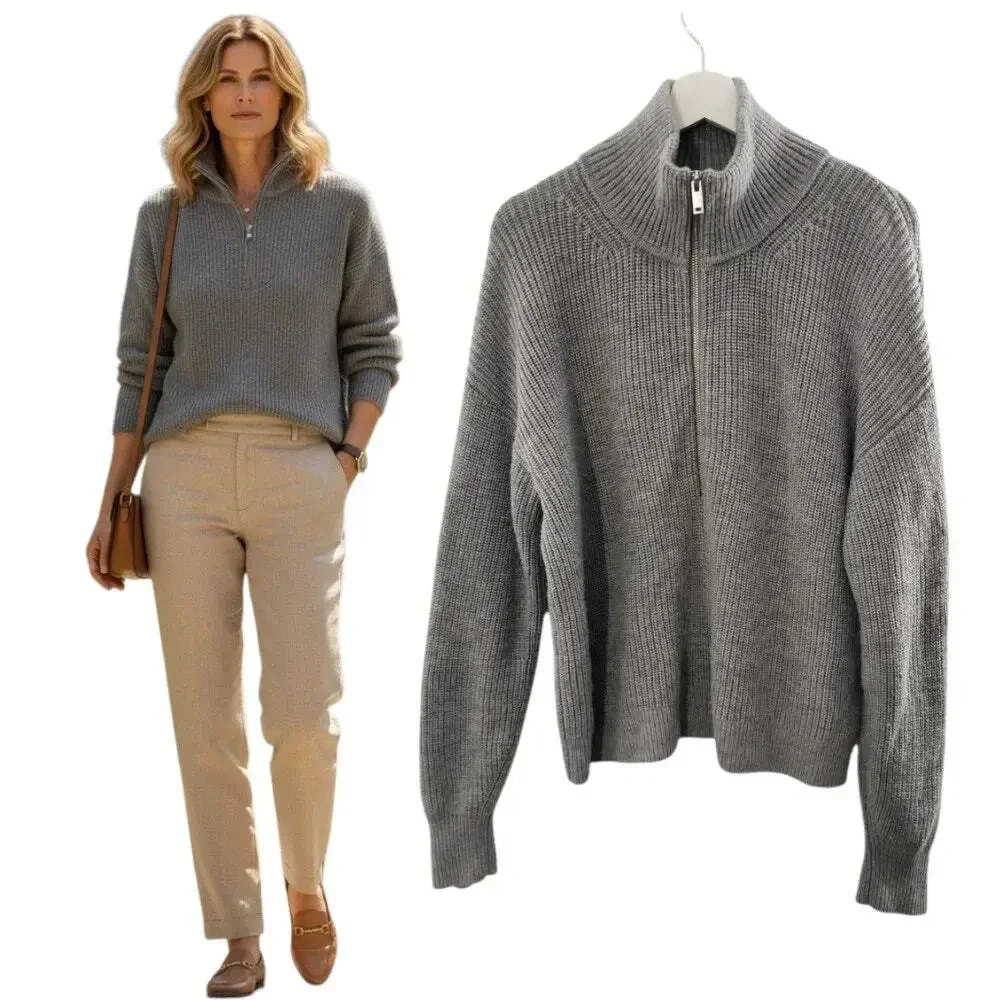 Quince Women's 1/2 Zip Australian Merino Wool Heather Gray Sweater Sz LRG